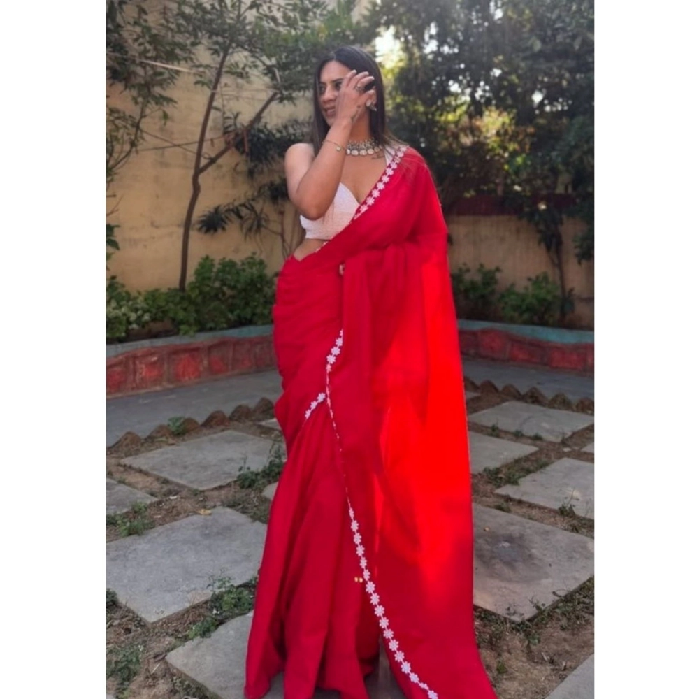 Generic Women's Gorgette Lace Border Saree With Unstitched Blouse 5.5Mtr (Red)