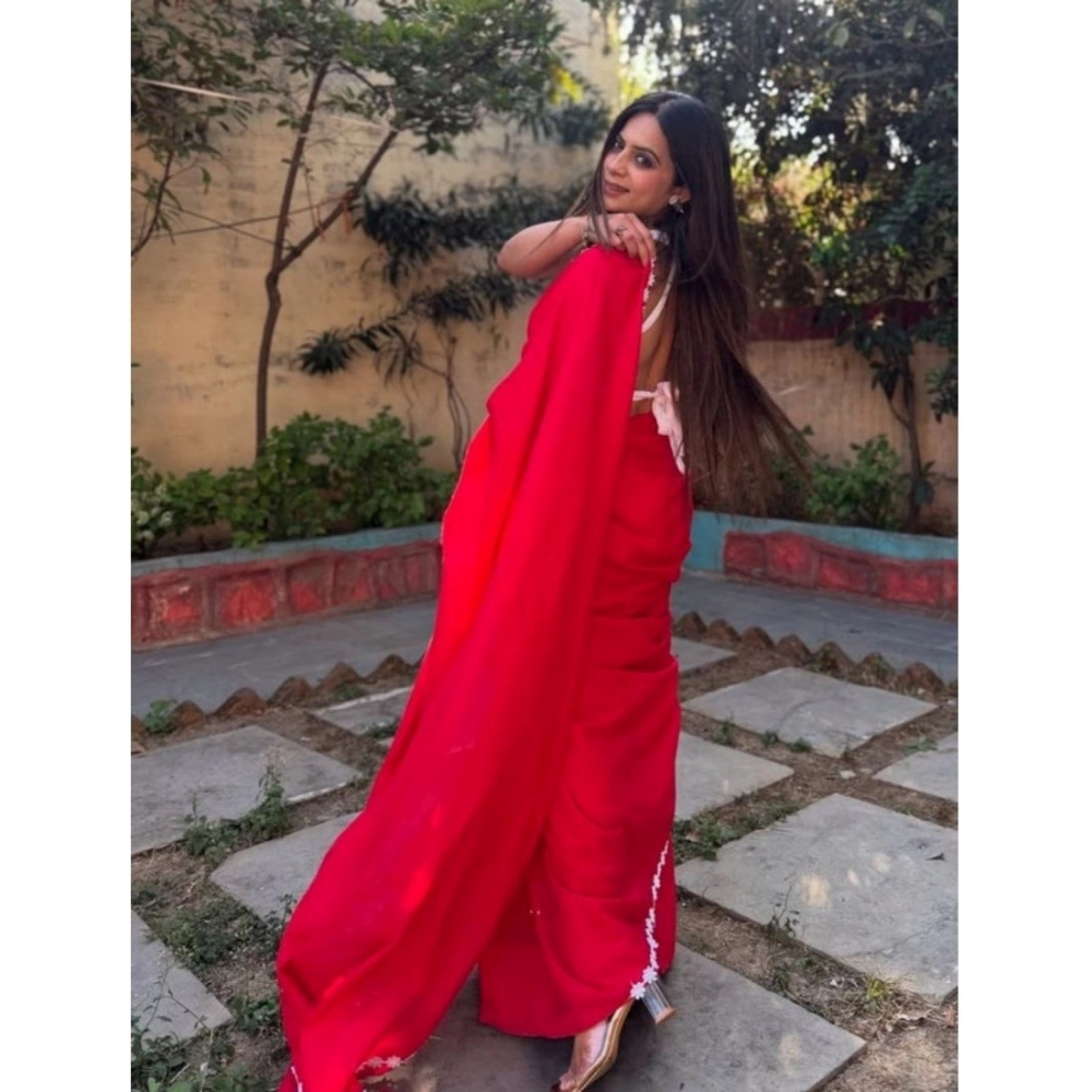 Generic Women's Gorgette Lace Border Saree With Unstitched Blouse 5.5Mtr (Red)