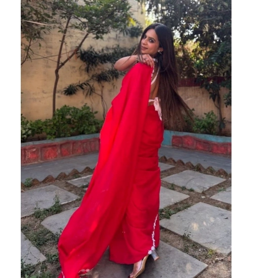 Generic Women's Gorgette Lace Border Saree With Unstitched Blouse 5.5Mtr (Red) Generic Women's Gorgette Lace Border Saree With Unstitched Blouse 5.5Mtr (Red)