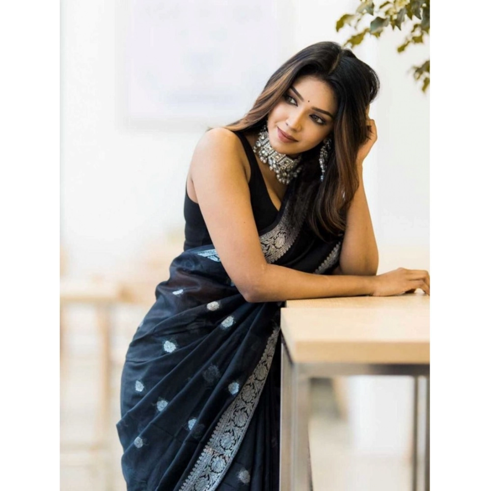 Generic Women's Cotton Printed Saree With Unstitched Blouse 5.5Mtr (Black)