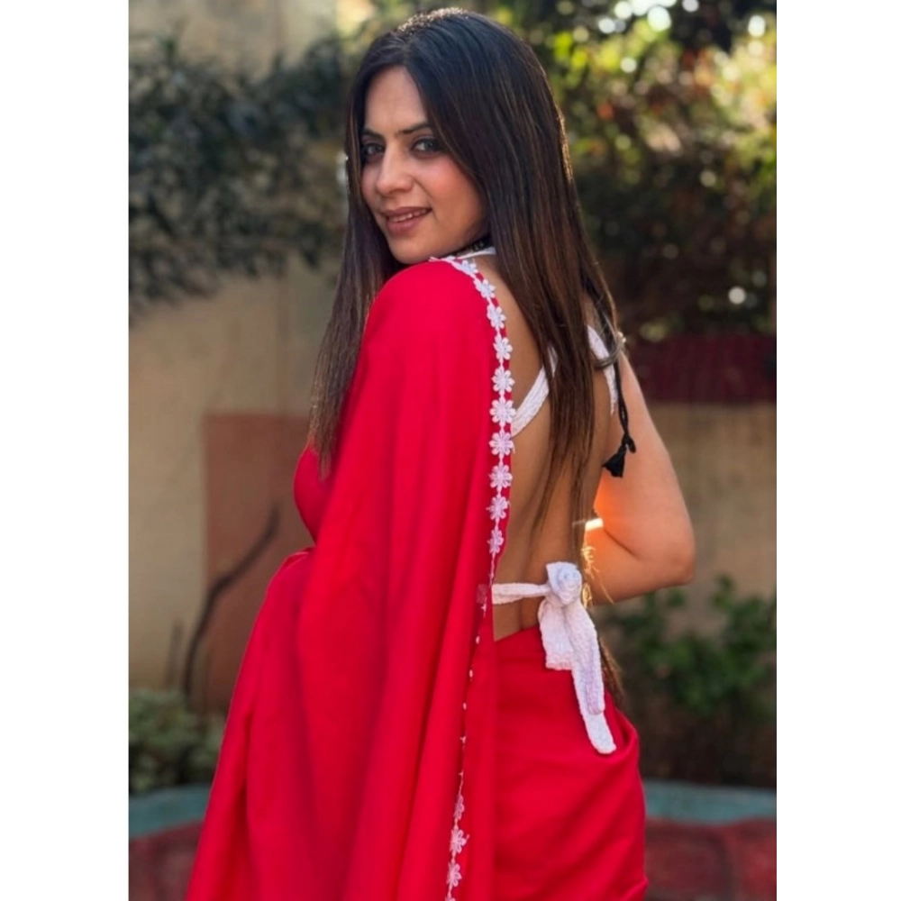 Generic Women's Gorgette Lace Border Saree With Unstitched Blouse 5.5Mtr (Red)