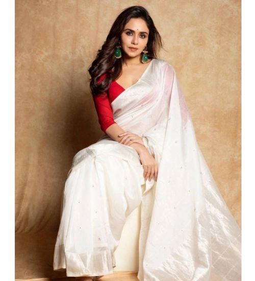 Generic Women's Cotton Printed Saree With Unstitched Blouse 5.5Mtr (White)