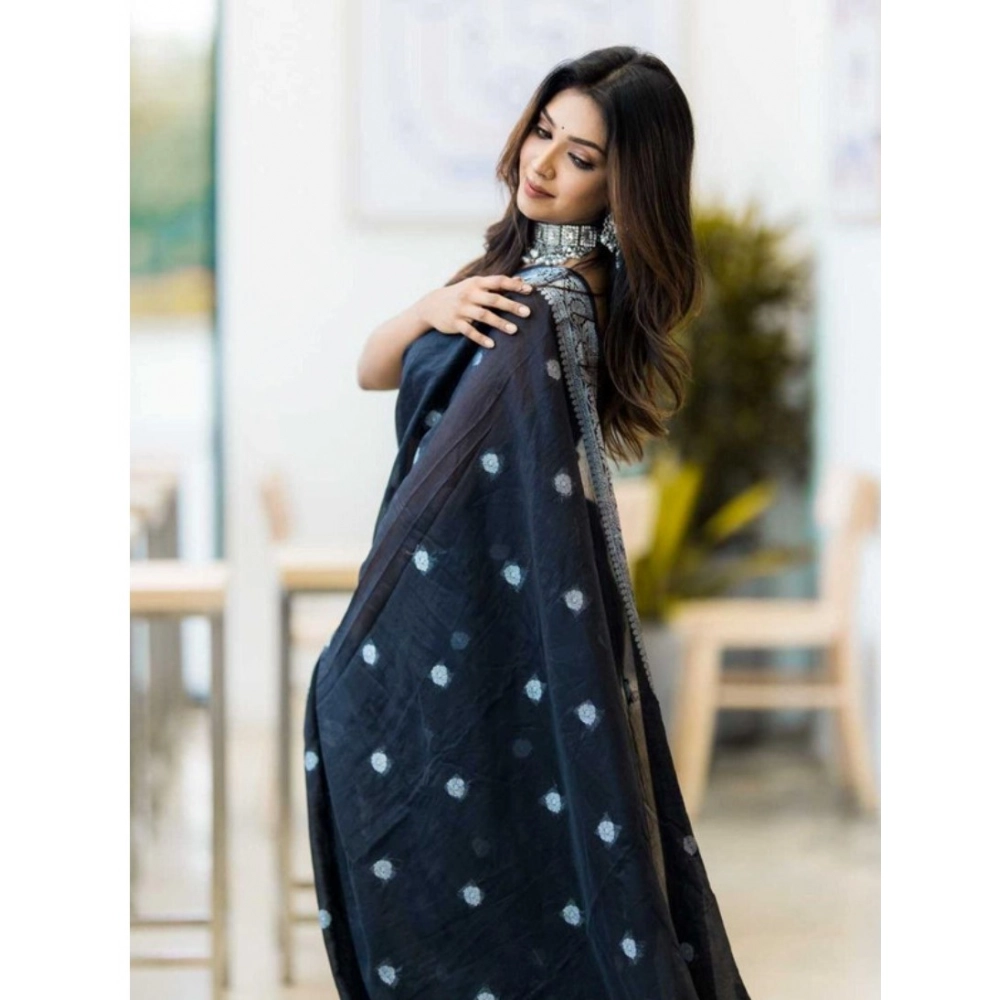 Generic Women's Cotton Printed Saree With Unstitched Blouse 5.5Mtr (Black)