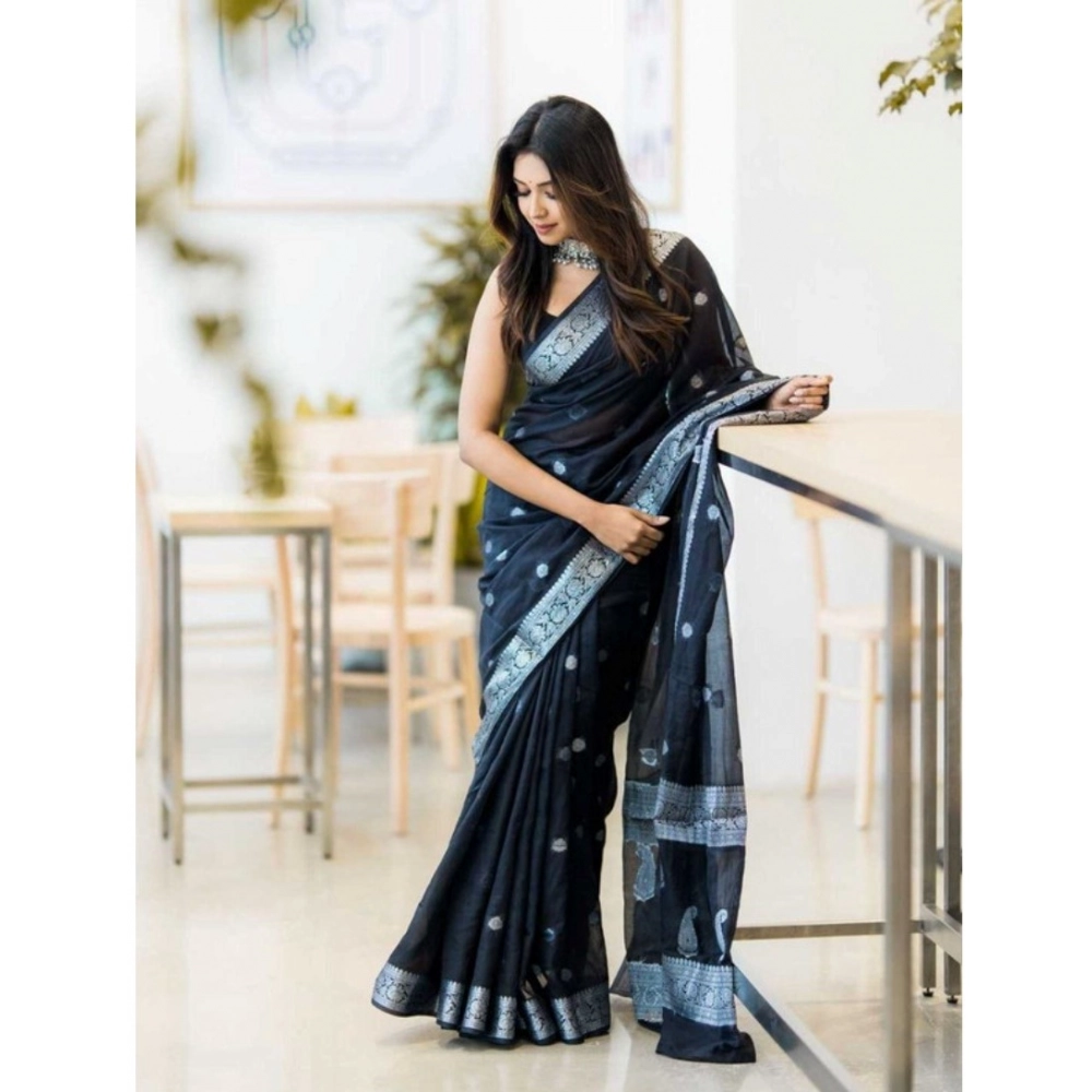Generic Women's Cotton Printed Saree With Unstitched Blouse 5.5Mtr (Black)