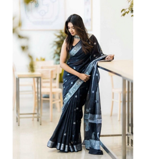 Generic Women's Cotton Printed Saree With Unstitched Blouse 5.5Mtr (Black)