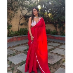 Generic Women's Gorgette Lace Border Saree With Unstitched Blouse 5.5Mtr (Red)