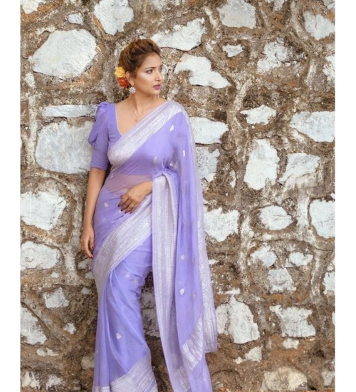 Generic Women's Cotton Printed Saree With Unstitched Blouse 5.5Mtr (Lavender)
