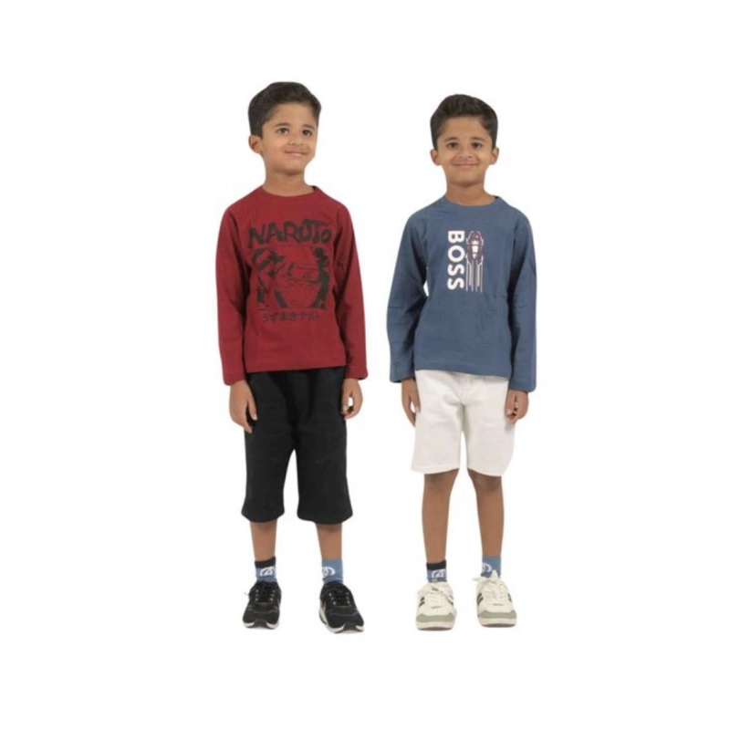 Pack of 2 Boy's Cotton Printed Full Sleeve T-Shirt's (Multicolor)