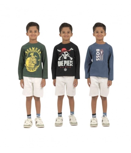 Generic Pack of 3 Boy's Cotton Printed Full Sleeve T-Shirt's (Multicolor)
