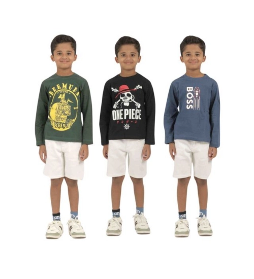 Generic Pack of 3 Boy's Cotton Printed Full Sleeve T-Shirt's (Multicolor)