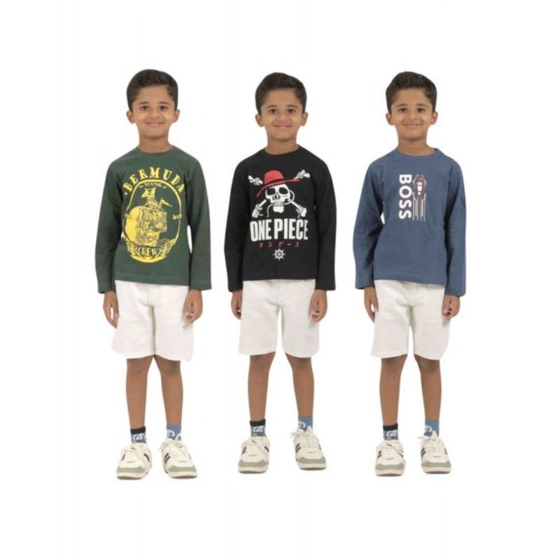 Pack of 3 Boy's Cotton Printed Full Sleeve T-Shirt's (Multicolor)