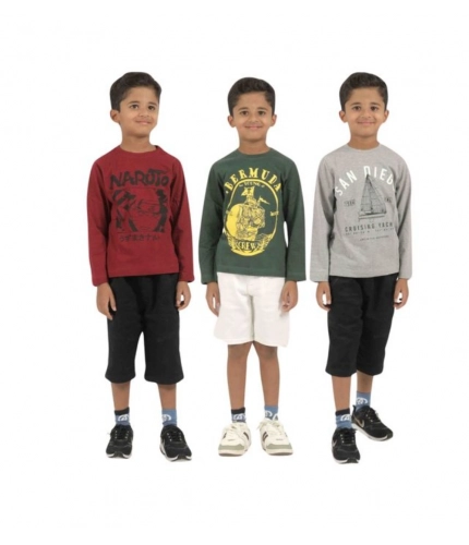 Generic Pack of 3 Boy's Cotton Printed Full Sleeve T-Shirt's (Multicolor)