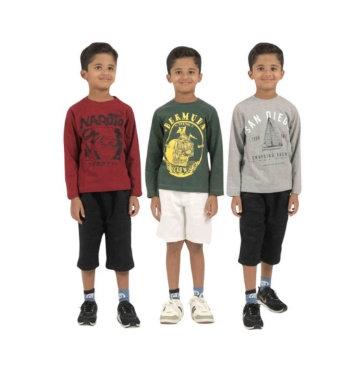 Generic Pack of 3 Boy's Cotton Printed Full Sleeve T-Shirt's (Multicolor)