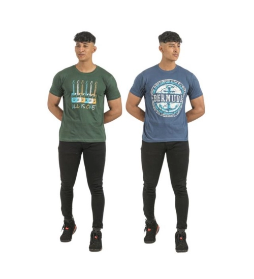 Generic Pack of 2 Men's Casual Cotton Printed Short Sleeve Tshirts (Multicolor)