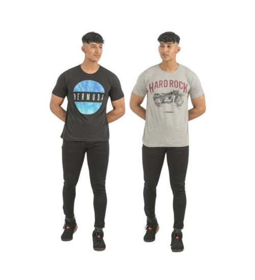 Generic Pack of 2 Men's Casual Cotton Printed Short Sleeve Tshirts (Multicolor)