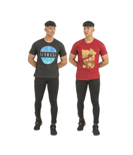 Generic Pack of 2 Men's Casual Cotton Printed Short Sleeve Tshirts (Multicolor)