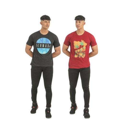 Generic Pack of 2 Men's Casual Cotton Printed Short Sleeve Tshirts (Multicolor)