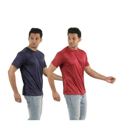 Generic Pack of 2 Men's Casual Polyester Blend Solid Short Sleeve Tshirts (Multicolor)
