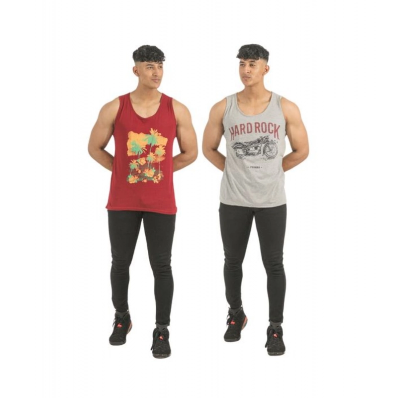 Pack of 2 Men's Casual Cotton Printed Sleeveless Sleeve Tshirts (Multicolor)
