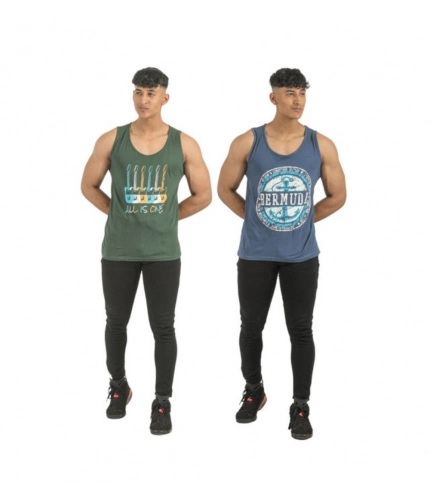 Generic Pack of 2 Men's Casual Cotton Printed Sleeveless Sleeve Tshirts (Multicolor)