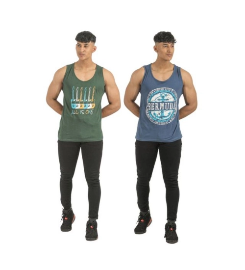 Generic Pack of 2 Men's Casual Cotton Printed Sleeveless Sleeve Tshirts (Multicolor)