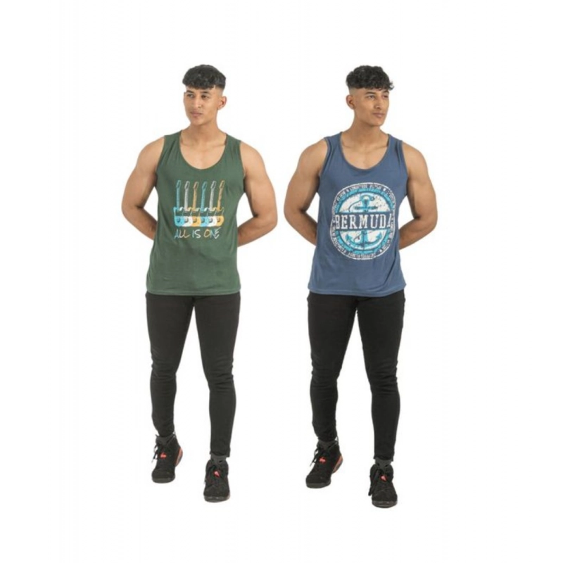 Pack of 2 Men's Casual Cotton Printed Sleeveless Sleeve Tshirts (Multicolor)