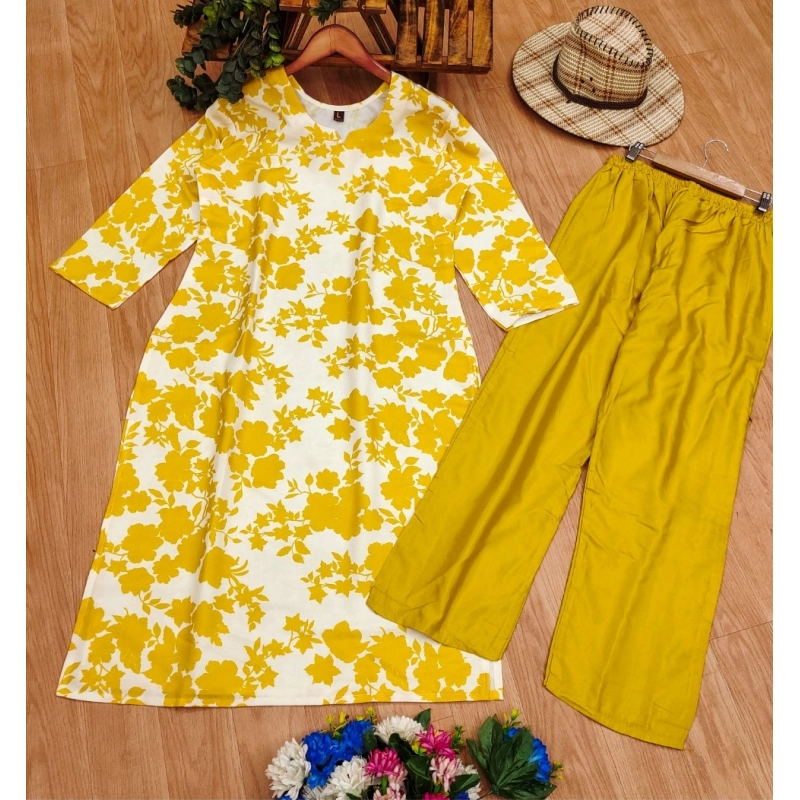 Women's Rayon Printed Round Neck 3-4th Sleeve Kurti With Pant Set (Yellow)