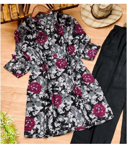 Generic Women's Muslin Printed Mandarin Collar 3-4th Sleeve Kurti With Pant Set (Grey) Generic Women's Muslin Printed Mandarin Collar 3-4th Sleeve Kurti With Pant Set (Grey)