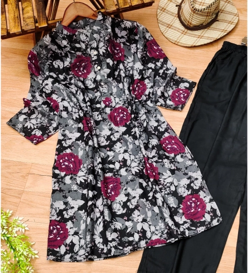 Generic Women's Muslin Printed Mandarin Collar 3-4th Sleeve Kurti With Pant Set (Grey)
