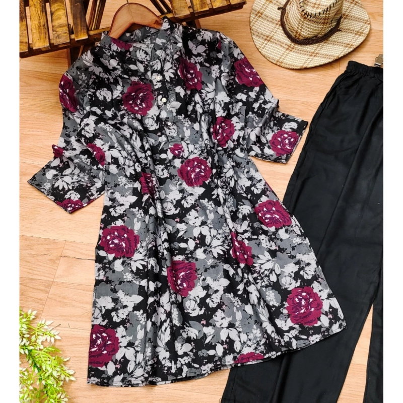 Women's Muslin Printed Mandarin Collar 3-4th Sleeve Kurti With Pant Set (Grey)