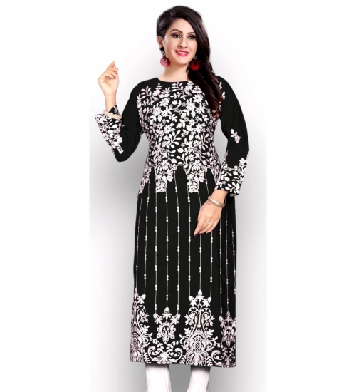 Generic Women's Georgette Printed Round Neck 3-4 th Sleeve Kurti (Black)