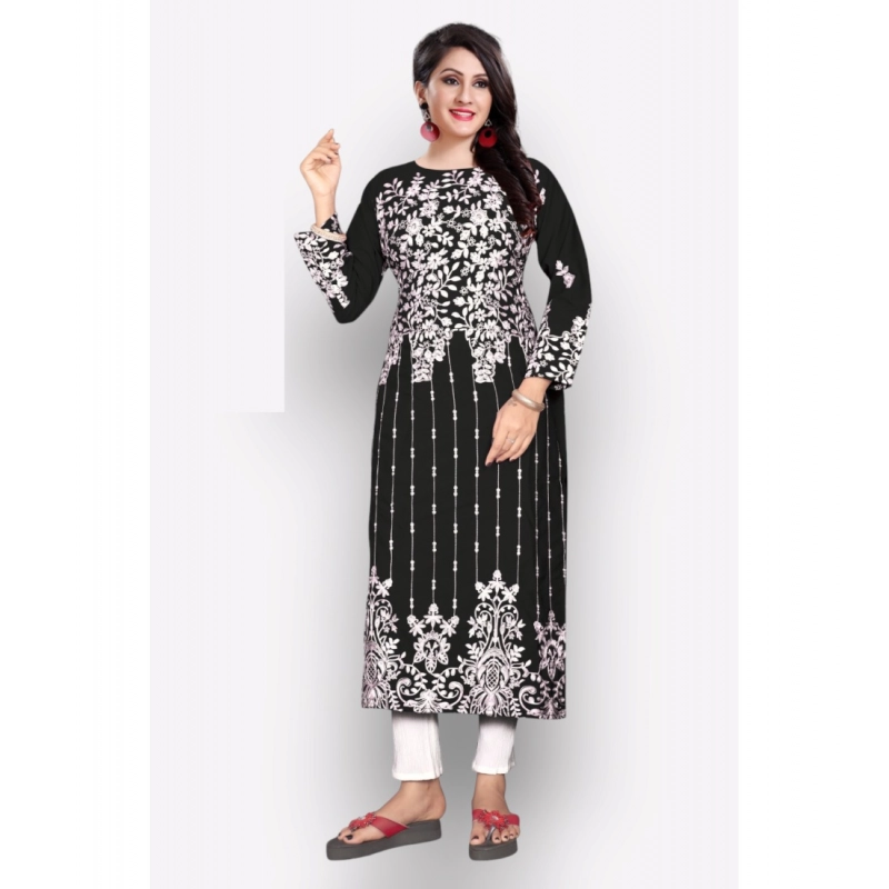 Women's Georgette Printed Round Neck 3-4 th Sleeve Kurti (Black)