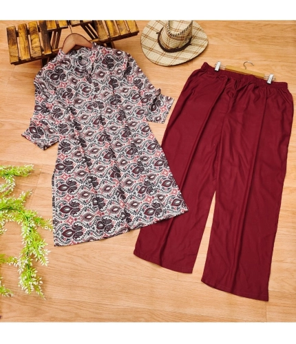 Generic Women's Muslin Printed Mandarin Collar 3-4th Sleeve Kurti With Pant Set (Red Grey)