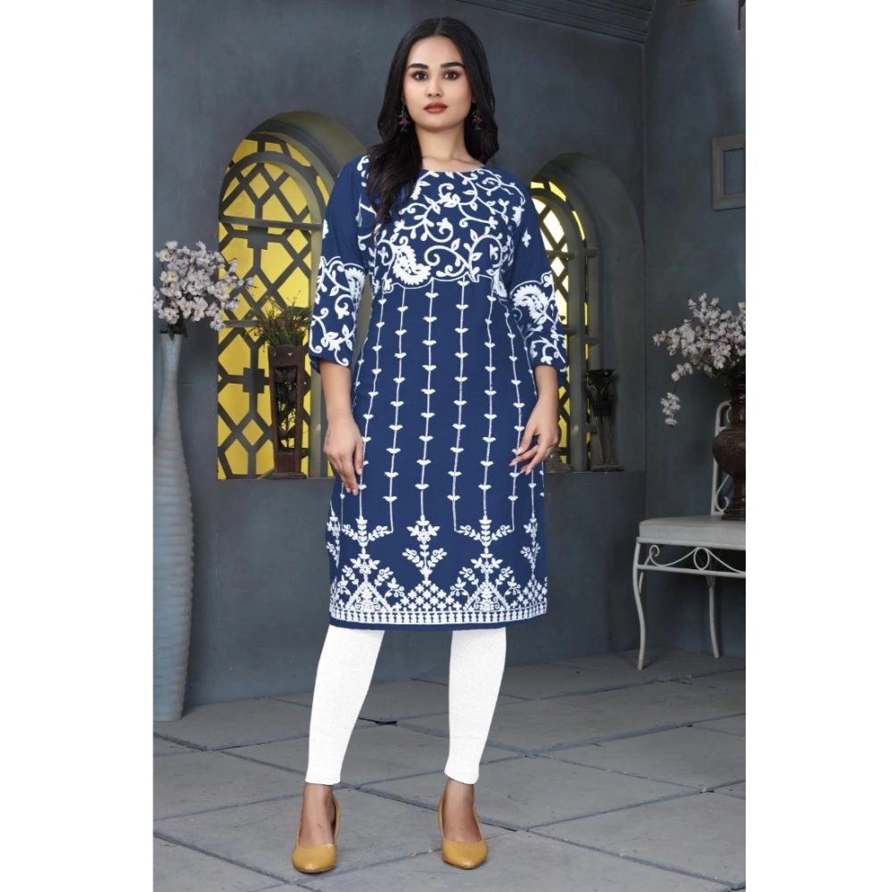 Generic Women's Rayon Printed Round Neck 3-4th Sleeve Kurti (Blue) Generic Women's Rayon Printed Round Neck 3-4th Sleeve Kurti (Blue)