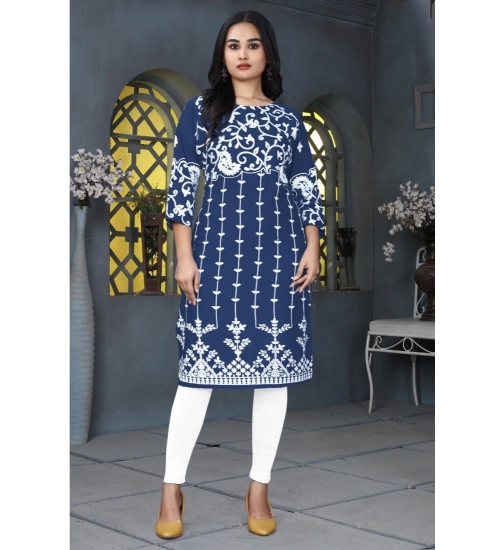 Generic Women's Rayon Printed Round Neck 3-4th Sleeve Kurti (Blue)