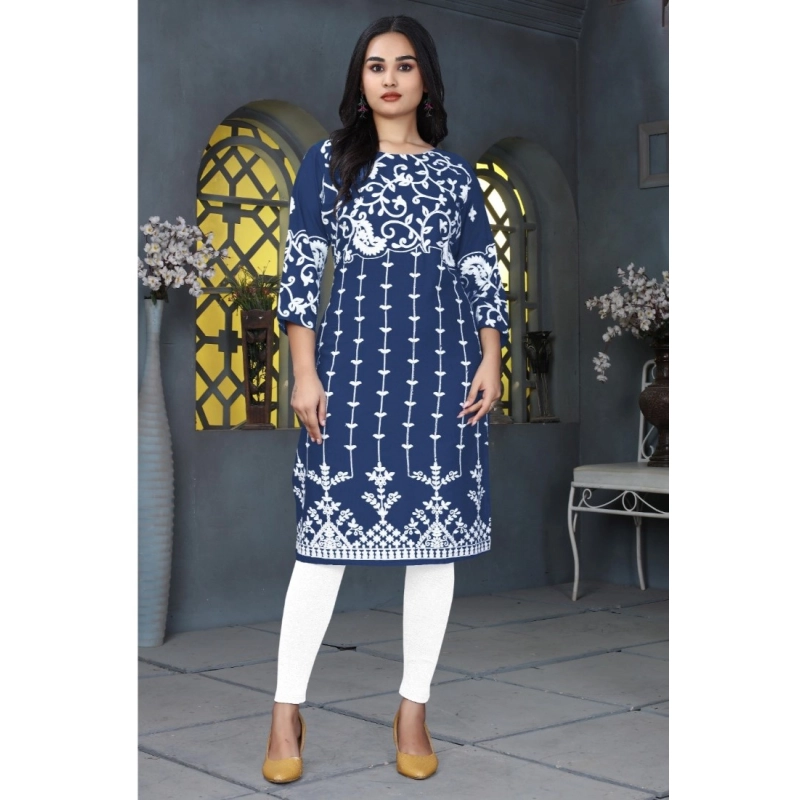 Women's Rayon Printed Round Neck 3-4th Sleeve Kurti (Blue)