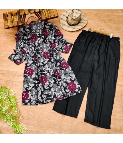 Generic Women's Muslin Printed Mandarin Collar 3-4th Sleeve Kurti With Pant Set (Grey)