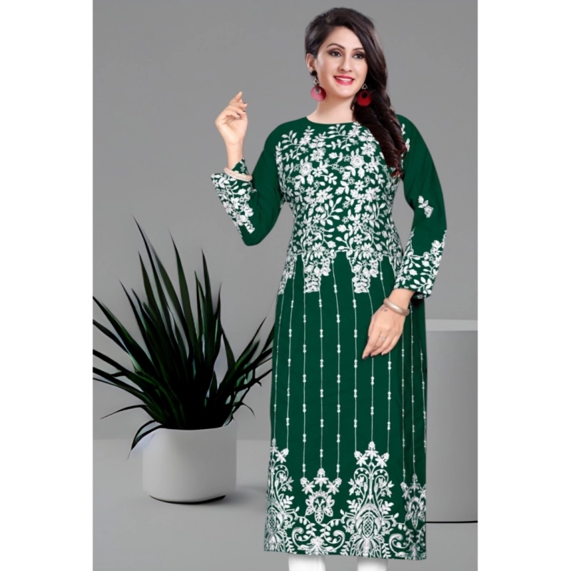 Women's Georgette Printed Round Neck 3-4th Sleeve Kurti (Green)