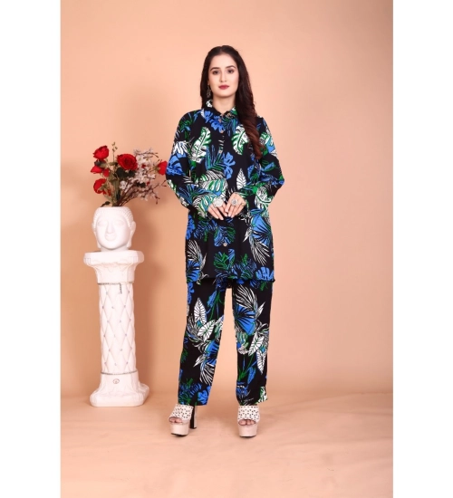 Generic Women's Rayon Printed Mandarin Collar Full Sleeve Co Ord Set (Black)