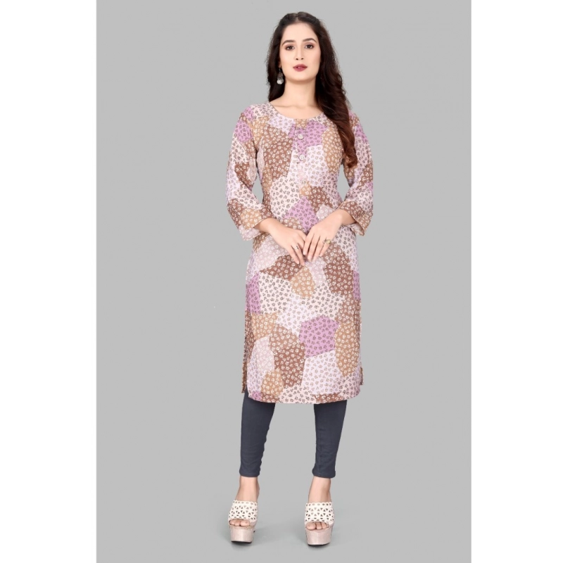 Women's Rayon Printed Round Neck 3-4th Sleeve Kurti (Brown)