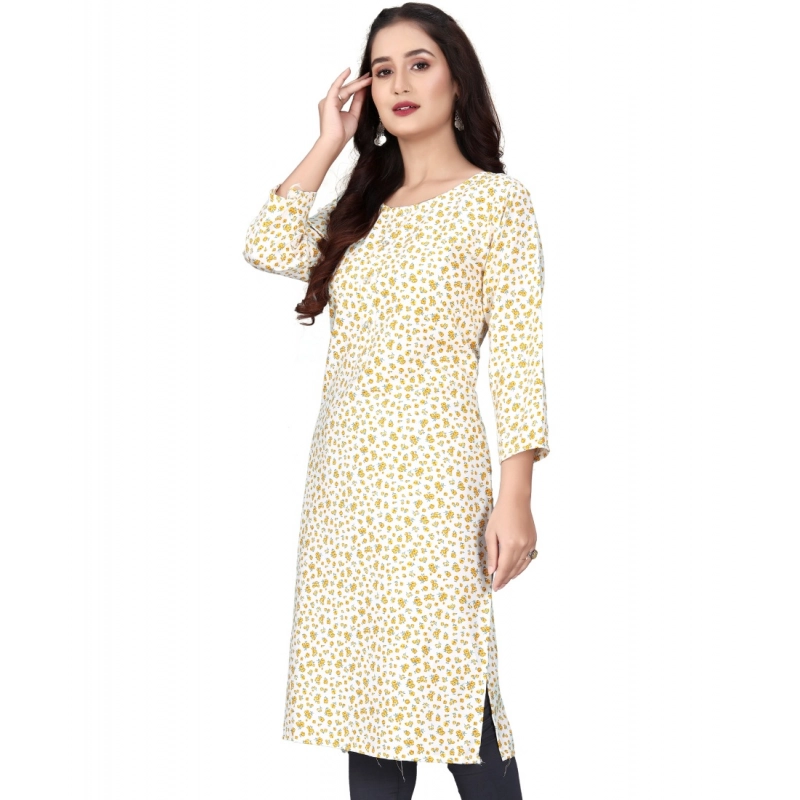 Women's Rayon Printed Round Neck 3-4th Sleeve Kurti (White)
