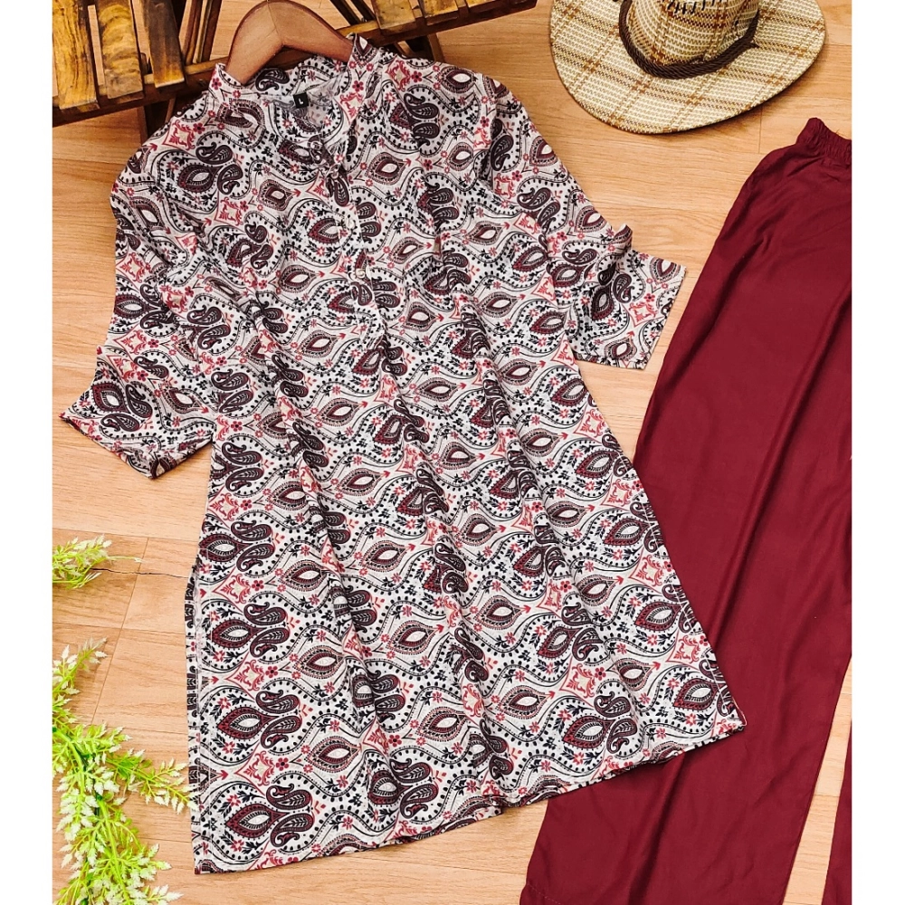 Generic Women's Muslin Printed Mandarin Collar 3-4th Sleeve Kurti With Pant Set (Red Grey) Generic Women's Muslin Printed Mandarin Collar 3-4th Sleeve Kurti With Pant Set (Red Grey)