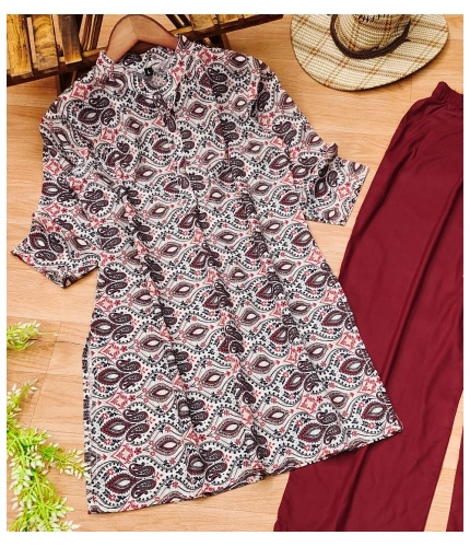 Generic Women's Muslin Printed Mandarin Collar 3-4th Sleeve Kurti With Pant Set (Red Grey) Generic Women's Muslin Printed Mandarin Collar 3-4th Sleeve Kurti With Pant Set (Red Grey)