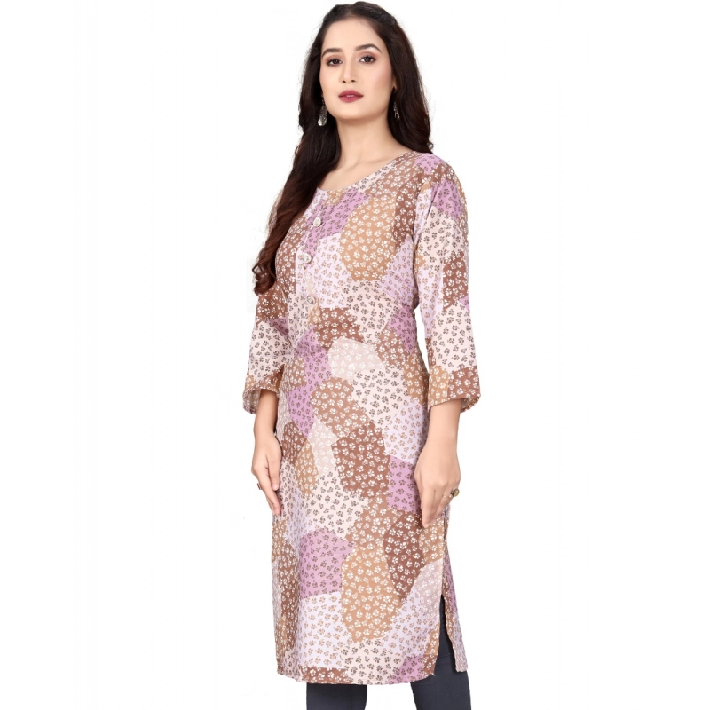 Women's Rayon Printed Round Neck 3-4th Sleeve Kurti (Brown)