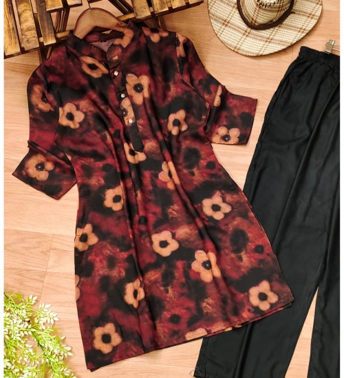 Generic Women's Muslin Printed Mandarin Collar 3-4 th Sleeve Kurti With Pant Set (Black)