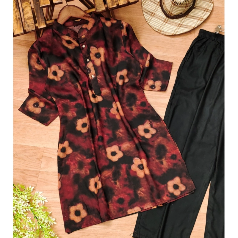 Women's Muslin Printed Mandarin Collar 3-4 th Sleeve Kurti With Pant Set (Black) Women's Muslin Printed Mandarin Collar 3-4 th Sleeve Kurti With Pant Set (Black)