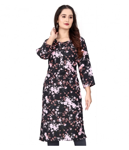Generic Women's Rayon Printed Round Neck 3-4 th Sleeve Kurti (Black)
