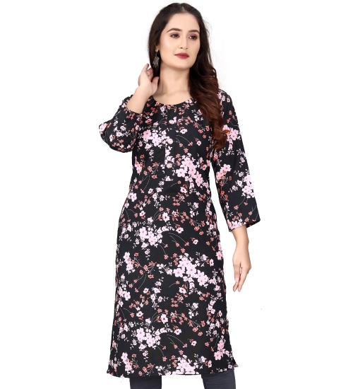 Generic Women's Rayon Printed Round Neck 3-4 th Sleeve Kurti (Black)