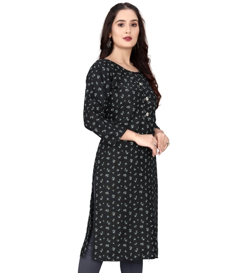 Generic Women's Rayon Printed Round Neck 3-4 th Sleeve Kurti (Black)