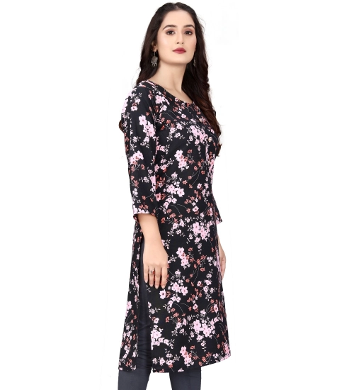 Generic Women's Rayon Printed Round Neck 3-4 th Sleeve Kurti (Black)